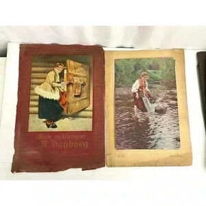 Antique 2 Swedish Print 1915 Lithograph Christmas Woman THE FORD Anders Zorn